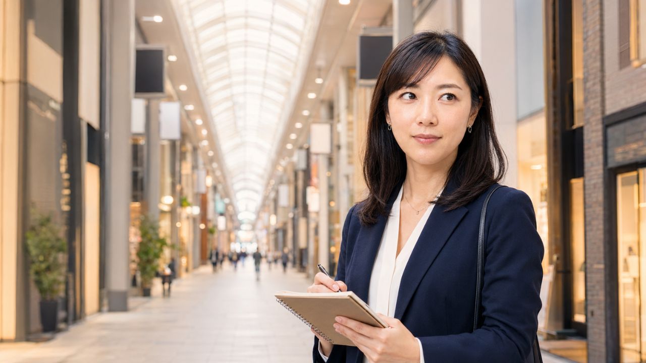 駅前商業を取材する経済ジャーナリスト 藤井舞子が大阪の駅前商業エリアでノートにメモを取る様子