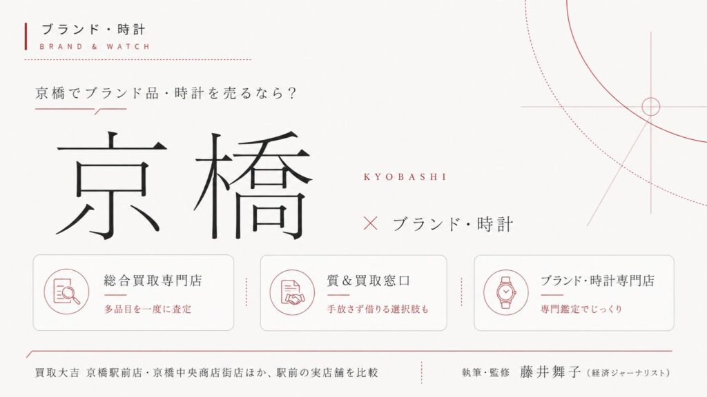 京橋駅のブランド・時計買取おすすめ比較｜買取大吉 京橋駅前店・京橋中央商店街店ほか駅前の実店舗を総合買取専門店・質＆買取窓口・ブランド時計専門店の業態別に解説するインフォグラフィック