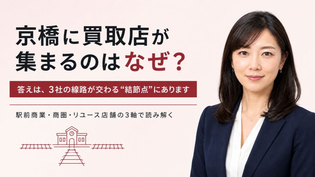 京橋に買取店が集まる理由｜京橋の買取商圏を駅前商業・商圏・リユース店舗の3軸で読み解く構造分析コラムのアイキャッチ。経済ジャーナリスト藤井舞子が解説するインフォグラフィック