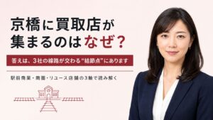 京橋に買取店が集まる理由｜京橋の買取商圏を駅前商業・商圏・リユース店舗の3軸で読み解く構造分析コラムのアイキャッチ。経済ジャーナリスト藤井舞子が解説するインフォグラフィック