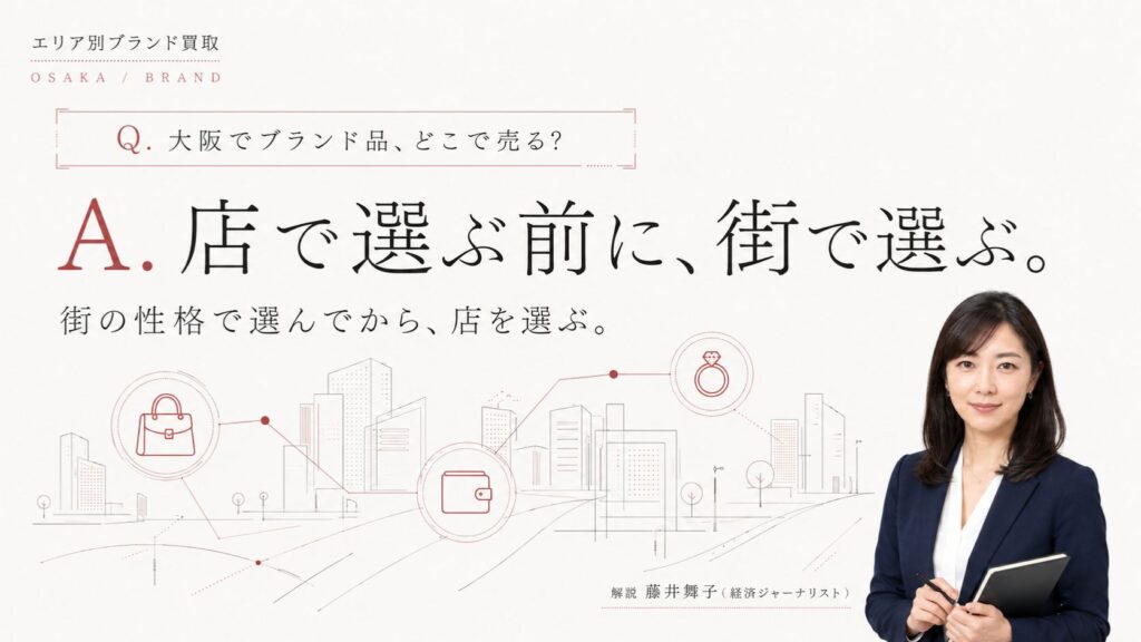 大阪のブランド買取はどこがいい？枚方・豊中・天王寺・京橋の4つの駅前商圏を街の性格で選び分ける比較ガイドのアイキャッチ。経済ジャーナリスト藤井舞子が解説するインフォグラフィック