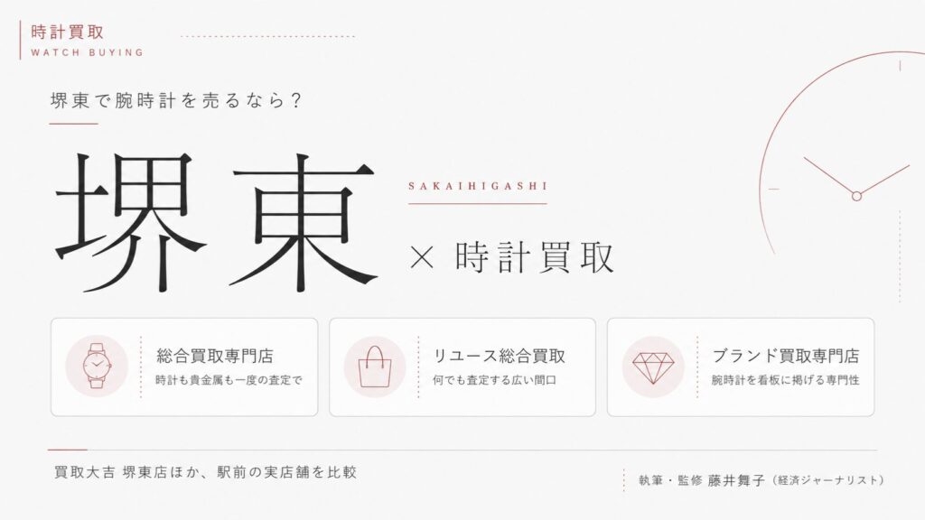 堺東駅の時計買取おすすめ比較｜買取大吉 堺東店ほか駅前の実店舗を総合買取専門店・リユース総合買取・ブランド買取専門店の業態別に解説するインフォグラフィック