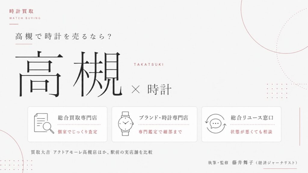 高槻駅の時計買取おすすめ比較｜買取大吉 アクトアモーレ高槻店ほか駅前の実店舗を総合買取専門店・ブランド時計専門店・総合リユース窓口の業態別に解説するインフォグラフィック