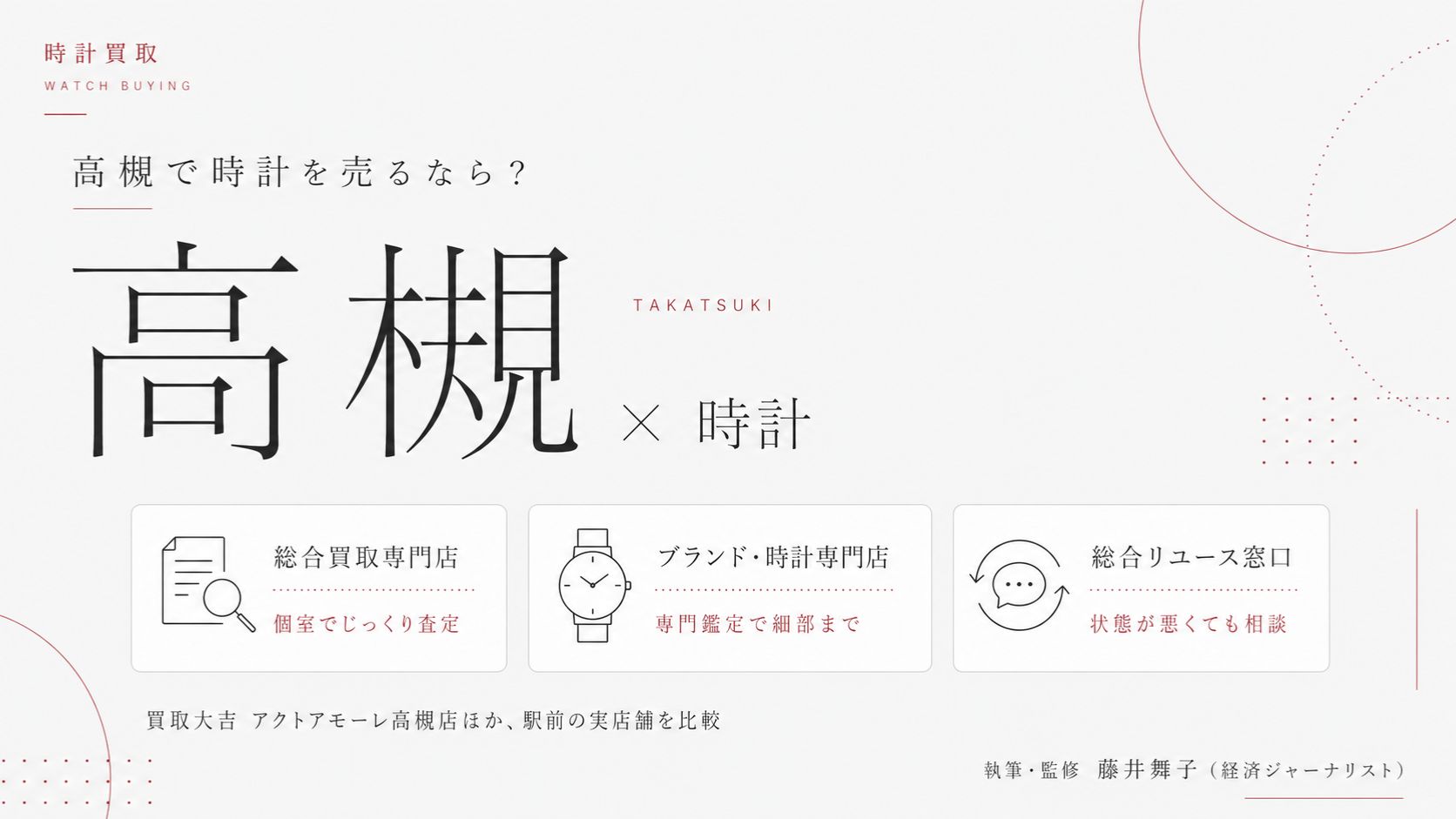 高槻駅の時計買取おすすめ比較｜買取大吉 アクトアモーレ高槻店ほか駅前の実店舗を総合買取専門店・ブランド時計専門店・総合リユース窓口の業態別に解説するインフォグラフィック