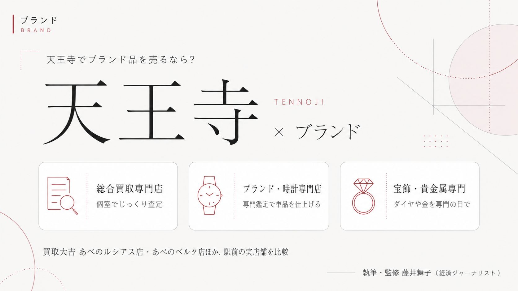 天王寺駅のブランド買取おすすめ比較｜買取大吉 あべのルシアス店・あべのベルタ店ほか駅前の実店舗を総合買取専門店・ブランド時計専門店・宝飾貴金属専門の業態別に解説するインフォグラフィック