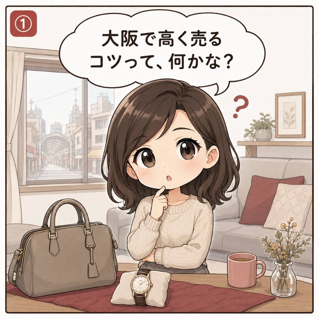 大阪 買取 高く売るコツ。「大阪で高く売るコツって何かな？」と、テーブルにバッグや時計を置いた大阪在住の女性が首をかしげて考え込む場面。窓の外に大阪の街並みが見える（1コマ目）