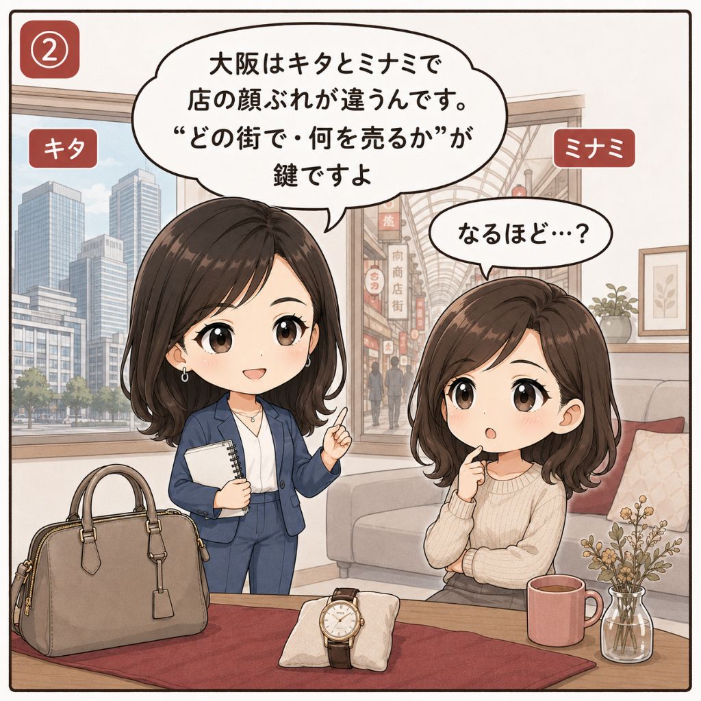 大阪 買取の選び方。取材ノートを手にした地域商業の専門家が「大阪はキタとミナミで店の顔ぶれが違う」と整理し、女性が関心を示す場面。背景に梅田の高層ビルと難波の商店街を対比（2コマ目）