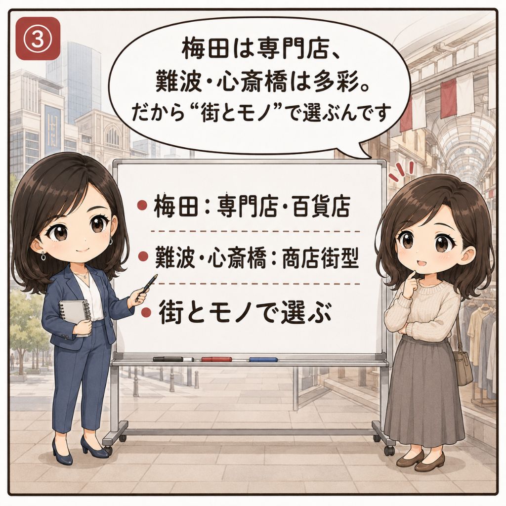大阪 ブランド買取のエリア別の選び方。専門家がホワイトボードで『梅田：専門店・百貨店』『難波・心斎橋：商店街型』『街とモノで選ぶ』の3点を解説し、女性が真剣に耳を傾ける場面（3コマ目）