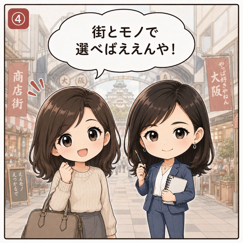 大阪 買取 エリア別の比較。「街とモノで選べばいい」と納得して明るい表情になった女性と、隣で見守る専門家の場面。背景に大阪らしい商店街のアーケードが広がる（4コマ目）